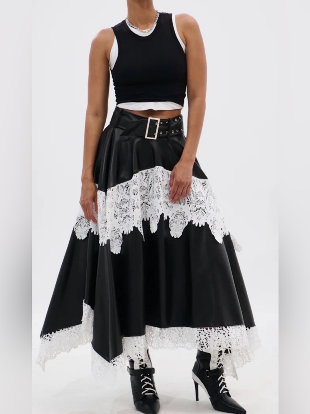 NWT AKIRA Black faux leather & White Lace Trim Maxi Skirt size XL